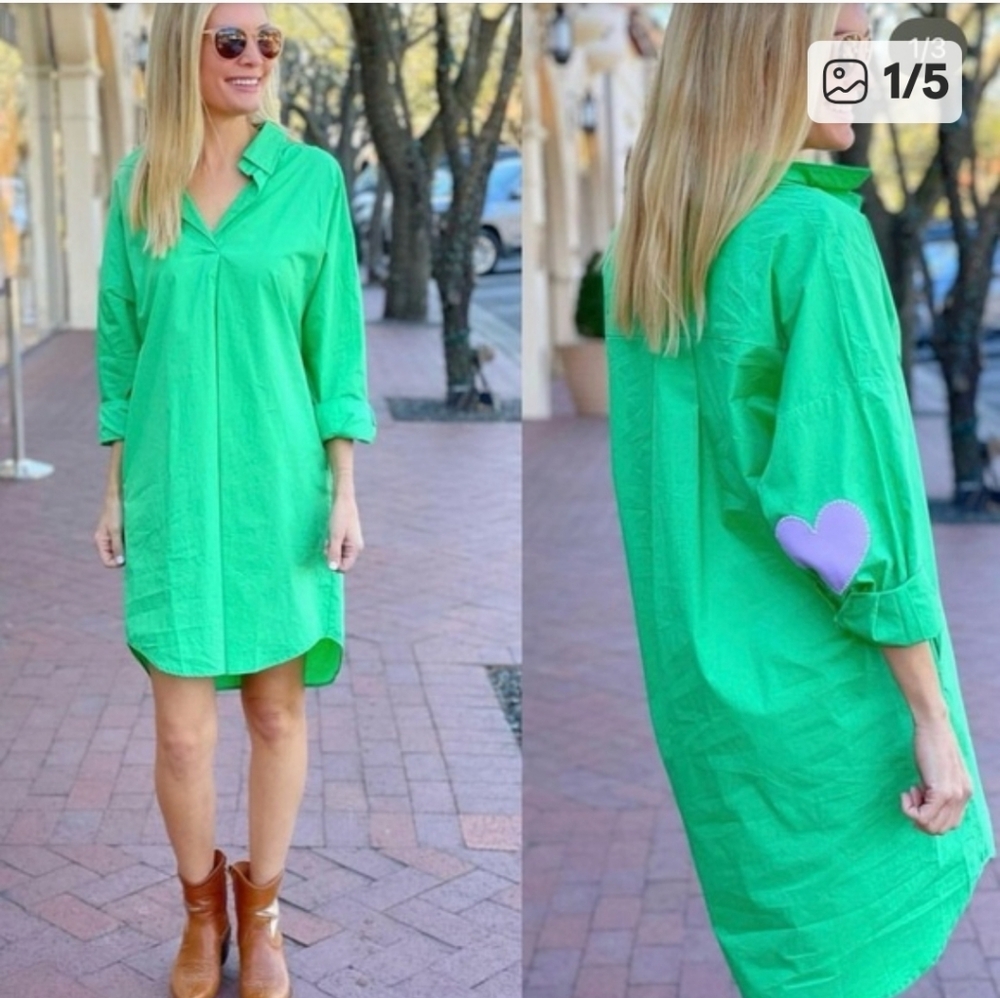 Caryn Lawn Green Tunic Shirt Dress Heart‎ Elbow Patches Cotton Long Sleeve